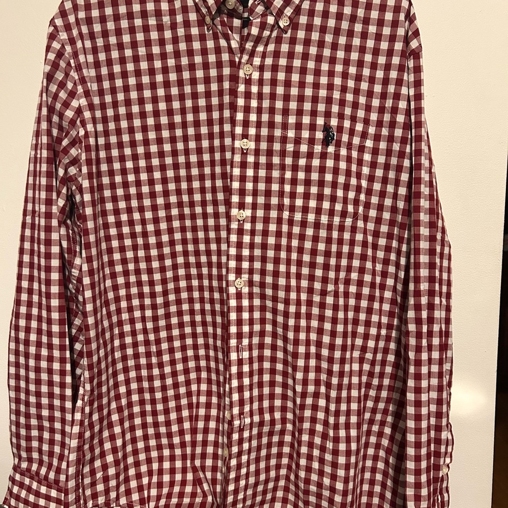 US Polo Assn Mens Gingham Button Down Shirt Red White Long Sleeve Large
